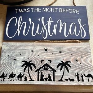 Set of two wood plank Christmas signs with twine hangers